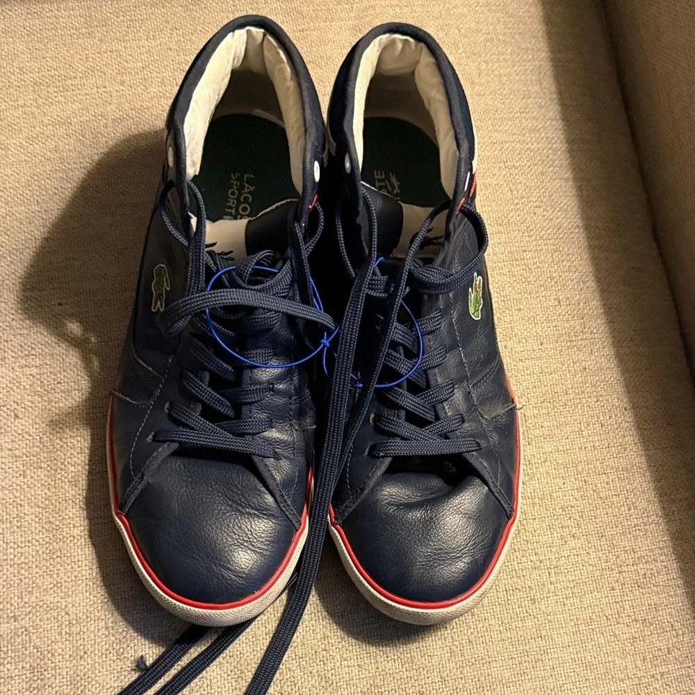 * LACOSTE * sport camous mid top leather navy white red, size 12